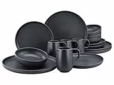 CreaTable, 22978, Serie uno BLACK, 16-teiliges Geschirrset, Kombiservice aus Steinzeug, spülmaschinen- und mikrowellengeeignet, Made in Portugal