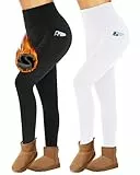 Missluck 2er Pack Thermoleggings Damen Winter Mit Taschen, High Waist Thermohose Gefüttert Fleece Thermounterwäsche Für Sport Gym（Schwarz/Weiß,XXL）