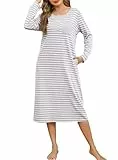 Lovasy Nachthemd Damen Langarm Lang Baumwolle Schlafshirt Streifen Winter Nachthemden für Damen mit Knopfleiste und Zwei Taschen,Hellgrau,L