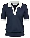 Kate Kasin Pullover Damen Kurzarm Sommer Elegant Polo Sweater Basic Oberteile Leicht V-Ausschnitt Strick Tops Marineblau-weiß XL