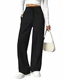 PINSPARK Damen Jogginghose High Waist Sporthose Weites Bein Sweatpants mit elastischem Bund Yogahose Trainingshose Fitness Sweathose Baggy Freizeithose mit Taschen Schwarz L