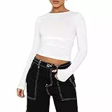 Damen Casual Crop Tops Slim Fit Top Rundhals Langarm Enges T-Shirt Basic Bluse T-Shirts(White-8,XS)