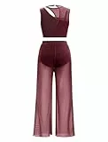 FYMNSI Damen Lyrische Tanzkostüme Moderne Zeitgenössischkeit Tanzbekleidung Ballett Outfit Ausschneiden Ärmellos Bauchfrei Tops mit weitem Bein Hose Set Jumpsuit für Tanz Bühne Yoga Weinrot M