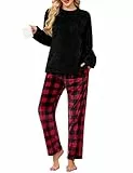 Niwicee Schlafanzug Damen Pyjama Damen Winter Thermo Lang Fleece Weihnachtsschlafanzug Kuschel Warm Pyjama Set Schlafanzug Langarm Hausanzug Flauschig PjS mit Taschen (Schwarz+Rot Karo, L)
