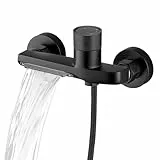 DEANKEJI Schwarz Temperaturverstellbarer Wasserfall Wannenarmatur, Doppelfunktion Duschamatur mit Anti-Rutsch-Knopf, Kupferlegierung Armatur Dusche für Wanddusche, Schlafsaal, Hotel