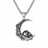 Flongo Gothic & Vintage Unisex Halskette mit Mond- und Totenkopf-Anhänger aus Edelstahl, Weizenkette 56cm, für Punk, Hip-Hop, Rock, Männer und Frauen