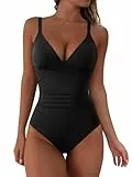 DOULAFASS Badeanzug Damen Bauchweg Tiefer V-Ausschnitt Einteiliger Badeanzüge Gekreuzter Rücken Bademode Swimsuit Schwarz L