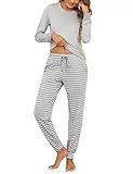 Litherday Schlafanzug Damen Lang Baumwolle Winter Pyjamas Set Langarm Loungewear Zweiteiliger Rundhals Sleepwear mit Schlafanzüge Frau Nachtwäsche