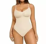 FeelinGirl Shapewear Damen Body Bauchweg Nahtlos Bodysuit V-Ausschnitt Formende Sringbody Überbrust Seamless Bodyshape mit Verstellbarer Riemen Hautfarben XS/S