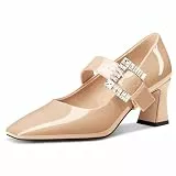 NobleOnly Mary Jane Schuhe Damen Chunky Blockabsatz Absatz Heel Knöchelriemen Dress Geschlossene Eckige Zehenkappe Pumps Diamant Schnalle 7 cm Heels Hautfarben 41 EU