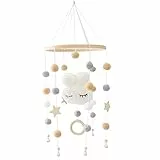 ikasus Babybett Mobile Windspiel Rassel Spielzeug, Kinderbett Filzball Mobile,Neugeborenen Kinderzimmer Hängende Bettglocke Holz Pom Pom Mobile Ornament für Kinderbett Baby Mädchen Jungen