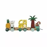 Janod - Tropischer Nachziehzug Tropik - Nachziehspielzeug aus Holz - 11 Teile + 3 Waggons - Lernspiel Motorik + Hand-Augen-Koordination - FSC-zertifiziert - Wasserfarben - Ab 1 Jahr, J08272