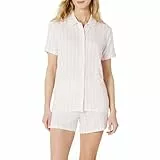Amazon Essentials x Sofia Grainge Damen Pyjama-Set, eng anliegend, mit kurzen Ärmeln, Blassrosa Kühner Streifen, M