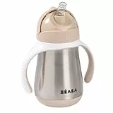 BÉABA 2-in-1 Edelstahl-Lernflasche & Strohhalmbecher 250 ml – 100% Auslaufsicher, Einfach zu Öffnen, Abnehmbare Griffe, Gesund & Langlebig, Robustes Edelstahl-Material – Farbe Argile