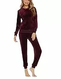 Enjoyoself Damen Velours Hausanzug Kuschelig Jogginganzug mit Gestreift Bündchen 2 Teilig Sportlich Anzug für Zuhause Freizeit Weinrot,L
