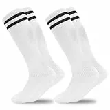 GRPSKCOS Fußball Socken Kinder, 2 Paar Fußball Stutzen Kinder Sport Jungen Mädchen Fussball Socken Kniestrümpfe Kleinkind Streifen Schule Uniform Strümpfe（#2 Weiß，6-12 Jahre)