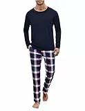 Uniexcosm Schlafanzug Herren Zweiteiliger Lang Baumwolle Pyjama Set Nachtwäsche Langarm Oberteil und Karierte Schlafanzughose Sleepwear Hausanzug Dunkelblau M