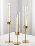 Sziqiqi Kerzenhalter Kerzenständer Gold für Stabkerzen: 3er Stabkerzenhalter mit Glaszylinder für Hochzeit Deko - Vintage Kerzenhalter mit Windlicht Glas für Wohnzimmer Outdoor Weihnachten Tischdeko
