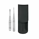TWEEZERMAN Pinzetten Set mit Leder-Etui aus Rostfreiem Edelstahl, Schräge und Spitze Ausführung, Schwarz