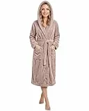 NY Threads Morgenmantel Damen mit Kapuze Fleece Plüsch Weich Bademantel Nachtwäsche Hausmantel (Mittel,Taupe)