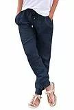 Livonmone Hose Damen Sommer Casual Baumwolle Leinen Stoffhose Einfarbig Freizeithose Stretch Leicht Leinenhose Straight Leg Hose und Taschen(Z Navy blau, M)
