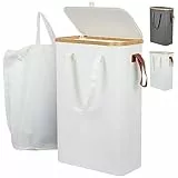Yamagahome 52L Schmaler Wäschekorb mit Deckel, Slim Wäschesammler mit Wäschesack und 5 Gummifüße, Faltbarer Wäschetruhe aus Bambus und Wasserdichter Stoff für Apartment, Wohnheim und Wohnwagen