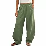 KOG Leinenhose Damen Hose Musselin Sommerhosen Baumwolle Leinen Cargohose Casual Frau Jogginghosen Einfarbige Bequem Fitnesshose Yogahose Wanderhosen Weites Bein Gym Hose Grün L