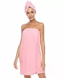 vislivin Bademantel Damen Saunakilt & Haartuch Sauna Kilt Frauen Saunakilt mit Klettverschluss und Gummizug Rosa S/M