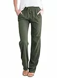 Tincini Leinenhose Damen Hose Sommer Musselin Leinen Hosen Stoffhose Einfarbig Freizeithose Gerade Geschnitten Strandhose Sommerhose mit Taschen (Armeegrün, XXL)