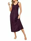 Uniexcosm Nachthemd Damen Ärmelloses Schlafshirt Lang Schlafhemd Spitze V-Ausschnitt Nachtwäsche Sexy rutschfeste Schultergurte Baumwolle Nachtkleid Dunkelviolett M