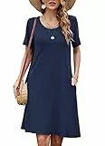 Bequemer Laden Damen Sommer Tshirt Kleid Locker Rundhals Kurzarm Midi Kleider Elegant Blumen Sommerkleid Knielang Strandkleid Lässig Midikleid Freizeitkleid mit Taschen, A Marineblau, XXL