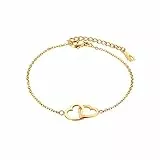 Flongo Damen Armband Frauen Armreif Freundschaftsarmbänder BFF Ketten für 2, Edelstahl Armkette Kette Gold mit doppelten Herzen Anhänger