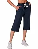 Crewhpo 3/4 Hose für Damen Jogginghose High Waist mit Taschen Sporthose Locker Frauen Einfarbige Sweathose Trainingshose Yogahose Sommer Blau