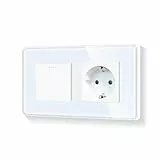 LIAONFOY Runde Schuko 1 Fach 1 Weg Unterputz Lichtschalter Glas panel Tasten Schalter Ein Aus Schalter mit Einzelsteckdose Weiß 110-250V 157mm