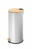 ECHTWERK Tretabfalleimer Skandi Look, Abfalleimer, Mülleimer, robuster Eisenkorpus mit Bambusdeckel, Soft Close Funktion, Grau, Fassungsvermögen 30 Liter