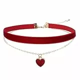 Flongo Herz Vintage Choker für Damen: Rot Samt Halsband Punk Sexy Verstellbare Mehrreihige Halskette Frauen Mädchen Herz Anhänger Kette Schmuck Geschenk zum Jubiläum
