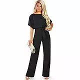 TSWRK Jumpsuit Damen Elegant Sommer Kurze Ärmel Playsuit Strand Höschen Overall Lang Romper, Schwarz, XL