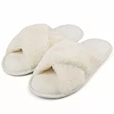 riemot Damen Hausschuhe Flauschig, Plüsch Pantoffeln Damen mit Kreuzband, Offener Zehenpartie, Memory Foam, Rutschhemmender TPR-Sohle, Home Slippers für Zuhause, Weiß, gr.38-39