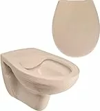 Calmwaters® Spülrandloses Hänge WC, Tiefspül WC aus Keramik, Komplettset mit WC Sitz mit Absenkautomatik in Beige-Bahamabeige, Waagerechter Abgang, WC Sitz aus antibakteriellem Duroplast, 99000190