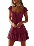 Cicy Bell Damen Sommer Rüsche Mini Kleid Smocked Boho Kleider Herzausschnitt Einfarbig Freizeitkleid Weinrot M