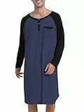 Enjoyoself Herren Nachthemd Langarm Knielang Schlafshirt V Ausschnitt Jersey Henley Nachtwäsche Krankenhaushemd dunkelblau,XXL