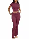 IWOLLENCE Lounge Set Damen Zweiteiler Hausanzug Kurzarm Oberteil mit Breitem Elastischem Hosenbund Schlaghose Loungewear Set (Burgund, S)