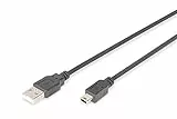DIGITUS USB 2.0 Kabel – 1m – USB A zu Typ Mini B (5 Pin) – 480 Mbps – Verbindungskabel für PC, Notebook, Kameras oder Hubs – Polybag – Schwarz