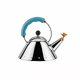 Alessi Kettle 9093/1 LAZ - Wasserkessel mit Magnetboden aus Edelstahl 18/10 Glänzend Poliert, für Induktionsherde Geeignet, mit Griff und Vogelförmiger Flöte aus PA, Hellblau