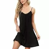 Xuepelit Nachthemd Damen Sexy Sommer Unterkleid Damen Spaghettiträger Baumwolle mit Spitze Negligee für Frauen Nachtwäsche Babydoll Nachthemden, Schwarz L