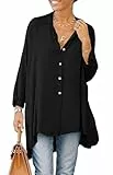 Cicy Bell Damen Bluse Oversized Langarm Button Down Hemdbluse V-Ausschnitt Sommer Satin T-Shirt Elegant Oberteile Shirt Einfarbig Casual Tops Schwarz L