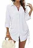 Tanmolo Bluse Damen Longbluse V-Ausschnitt Hemdbluse Langarm Tunika mit Kordelzug Lässiges Langarmshirt zum Knöpfen Casual Aufrollen Tops Weiß M