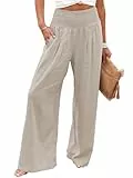 Imuedaen Leinenhose Damen Sommer Hose Casual Leinen Leicht Hosen Weites Bein Palazzo Freizeithose Hohe Taille Einfarbig Sommerhose Stoffhose mit Taschen (Khaki, XL)