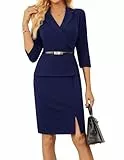 GRACE KARIN Damen V-Ausschnitt Bodycon Cocktailkleid Elegant Bürokleid mit Gürtel Marineblau L