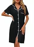 Lovasy Nachthemd Damen Kurzarm Baumwolle Schlafshirt mit Knöpfen Sommer Nachtkleid Sleepshirts mit Taschen,Schwarz,L